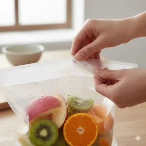 Nahaufnahme vom luftdichten Verschluss der silikonbeutel für obst zur maximalen Frischehaltung.