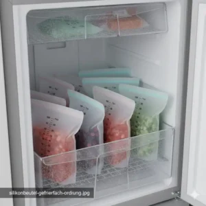 Ordnung im Gefrierschrank mit einem silikonbeutel mit messskala.