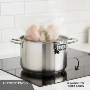 Hitzebeständiger Silikonbeutel extra groß beim Einsatz in heißem Wasser oder Ofen.