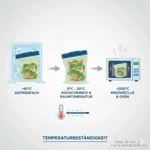 Infografik über die Temperaturbeständigkeit der silikonbeutel für gemüse in Gefrierfach und Mikrowelle.
