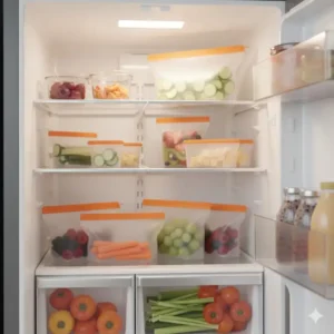 Perfekte Ordnung im Kühlschrank durch transparente silikonbeutel für snacks mit Obst und Gemüse.