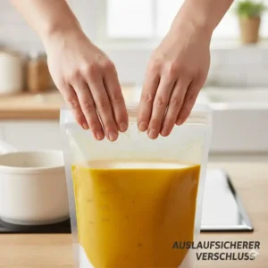 Detailansicht der auslaufsicheren Versiegelung am silikonbeutel für suppen.