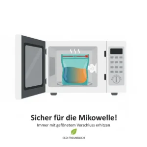Illustration zur korrekten Anwendung und Dampföffnung der Silikonbeutel für Mikrowelle.