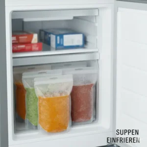 Ein gefüllter silikonbeutel für suppen ordentlich im Gefrierfach gelagert.