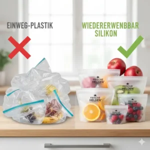 Vergleich zwischen Einwegplastik und nachhaltigen silikonbeutel für obst für einen umweltfreundlichen Lebensstil.