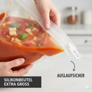 Nahaufnahme vom Verschluss, der zeigt, dass der Silikonbeutel extra groß zu 100% auslaufsicher ist.