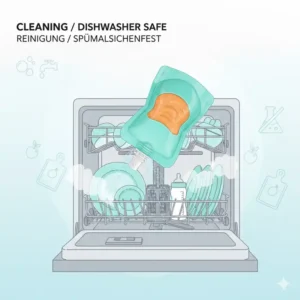 Ein Silikonbeutel für Babybrei in der Spülmaschine zur Reinigung.