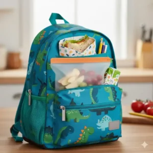 Praktische silikonbeutel für snacks gefüllt mit Nüssen für die Schule oder das Büro.