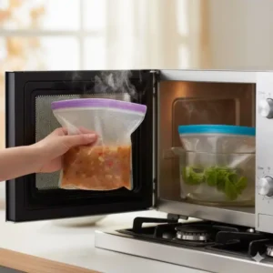 Ein silikonbeutel mit standboden beim Erwärmen von Speisen in der Mikrowelle.