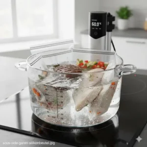 Kochen im Wasserbad unter Verwendung eines silikonbeutel mit messskala.