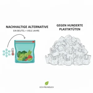 Ökologischer Vergleich: Wiederverwendbare Silikonbeutel für Mikrowelle gegen Plastiktüten.