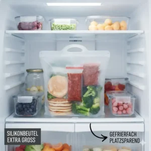 Ein Silikonbeutel extra groß zur ordentlichen Aufbewahrung von Lebensmitteln im Gefrierschrank.
