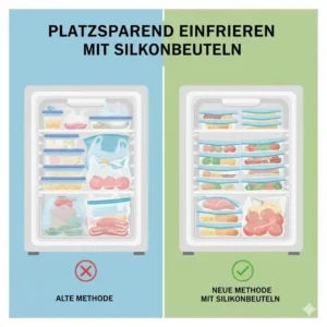 Darstellung wie flache Silikonbeutel für einfrieren im Gefrierschrank Platz sparen.