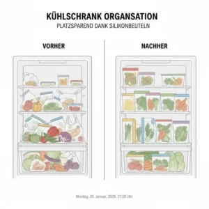 Vorher-Nachher Vergleich der Kühlschrank-Organisation durch platzsparende silikonbeutel für gemüse.