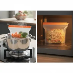 Hitzebeständige silikonbeutel für snacks beim sicheren Erwärmen von Lebensmitteln.