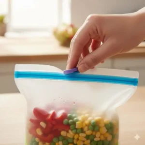 Detailansicht der auslaufsicheren Versiegelung am silikonbeutel mit standboden.