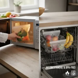 Hitzebeständige silikonbeutel für obst bei der Verwendung in der Mikrowelle und Spülmaschine.