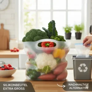 Der Silikonbeutel extra groß als umweltfreundliche und wiederverwendbare Alternative zu Plastiktüten.