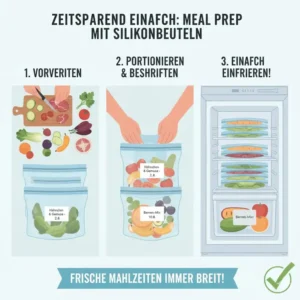 Meal Prep Organisation mit praktischen Silikonbeutel für einfrieren für vorbereitete Mahlzeiten.