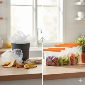 Umweltfreundliche silikonbeutel für snacks als nachhaltiger Ersatz für Einweg-Plastiktüten.