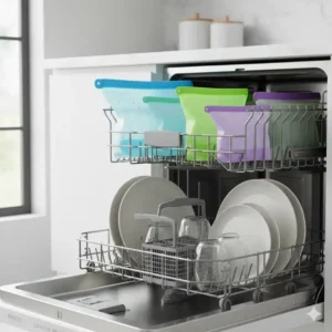 Ein robuster silikonbeutel mit standboden wird einfach in der Spülmaschine gereinigt.