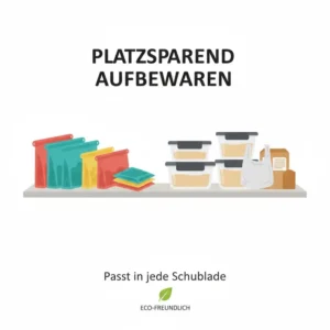 Platzsparende Aufbewahrung und Stapelung der Silikonbeutel für Mikrowelle im Schrank.