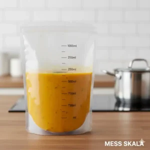 Die praktische Messskala auf einem silikonbeutel für suppen zum Portionieren.