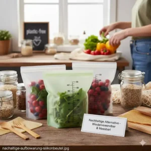 Nachhaltige Lebensmittelaufbewahrung durch einen silikonbeutel mit messskala.