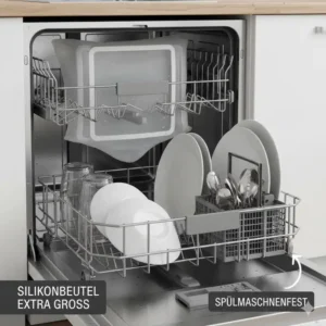 Ein Silikonbeutel extra groß wird unkompliziert und hygienisch in der Spülmaschine gereinigt.