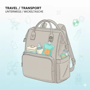 Praktischer Silikonbeutel für Babybrei für unterwegs in einer Tasche.