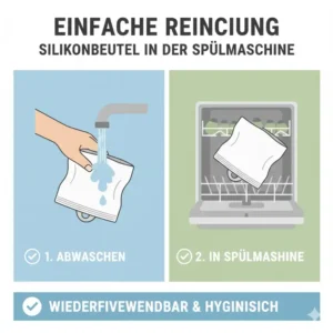 Symbol für die einfache Reinigung der Silikonbeutel für einfrieren in der Spülmaschine.