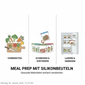 Schritt-für-Schritt Anleitung für Meal Prep mit frisch geschnittenen Zutaten in silikonbeutel für gemüse.