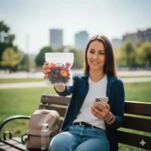 Eine Frau nutzt die silikonbeutel für obst für einen gesunden Snack im Park.