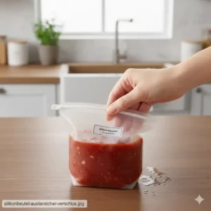 Sicherer Transport dank auslaufsicherem Verschluss am silikonbeutel mit messskala.
