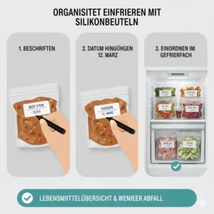 Anleitung zur Beschriftung der Silikonbeutel für einfrieren für eine bessere Übersicht.