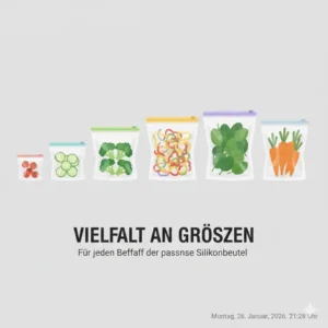 Verschiedene verfügbare Größen und Kapazitäten der silikonbeutel für gemüse in einer Übersicht.