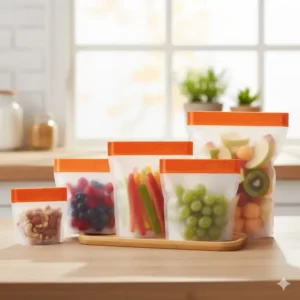 Verschiedene Größen und Farben der silikonbeutel für snacks in einer Übersicht.