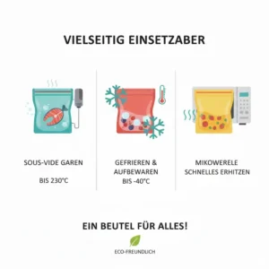 Übersicht der verschiedenen Funktionen der Silikonbeutel für Mikrowelle beim Kochen und Einfrieren.