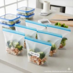 Vorgekochtes Hähnchen und Brokkoli in einem Silikonbeutel Sporternährung für das tägliche Training.