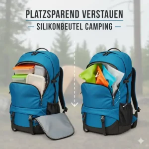 Illustration zeigt wie platzsparend Silikonbeutel Camping im Wanderrucksack verstaut werden.