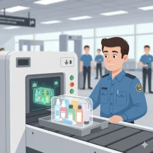 Transparente silikonbeutel für reisen bei der Sicherheitskontrolle am Flughafen.