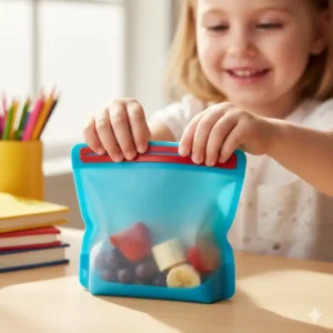 Kinderhände zeigen, wie einfach sich diese Silikonbeutel kindgerecht öffnen lassen.