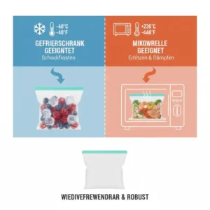 Infografik zur Temperaturbeständigkeit für silikonbeutel gefrierschrank geeignet von Frost bis Hitze.