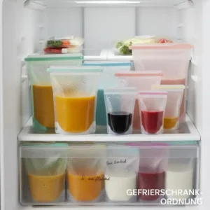 Ordentliche Aufbewahrung im Gefrierschrank mit einem silikonbeutel für flüssigkeiten.