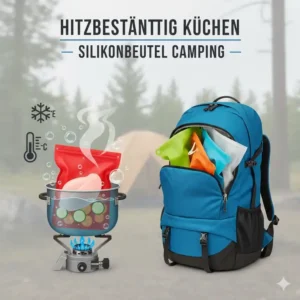 Eine Grafik über hitzebeständige Silikonbeutel Camping beim Kochen im heißen Wasser.