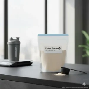 Ein praktischer Silikonbeutel Sporternährung gefüllt mit Proteinpulver und einem Messlöffel daneben.