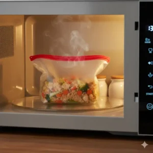 Erwärmen einer gesunden Mahlzeit in der Mikrowelle direkt im Silikonbeutel fürs Meal Prep.