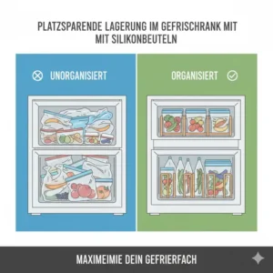 Platzsparende Organisation im Tiefkühlfach durch silikonbeutel gefrierschrank geeignet in aufrechter Position.
