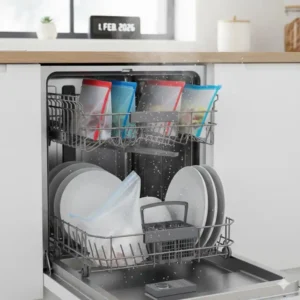 Reinigung mehrerer Silikonbeutel fürs Meal Prep im oberen Korb einer Geschirrspülmaschine.