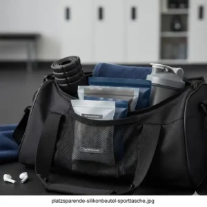 Mehrere platzsparende Silikonbeutel Sporternährung ordentlich verstaut in einer schwarzen Sporttasche.